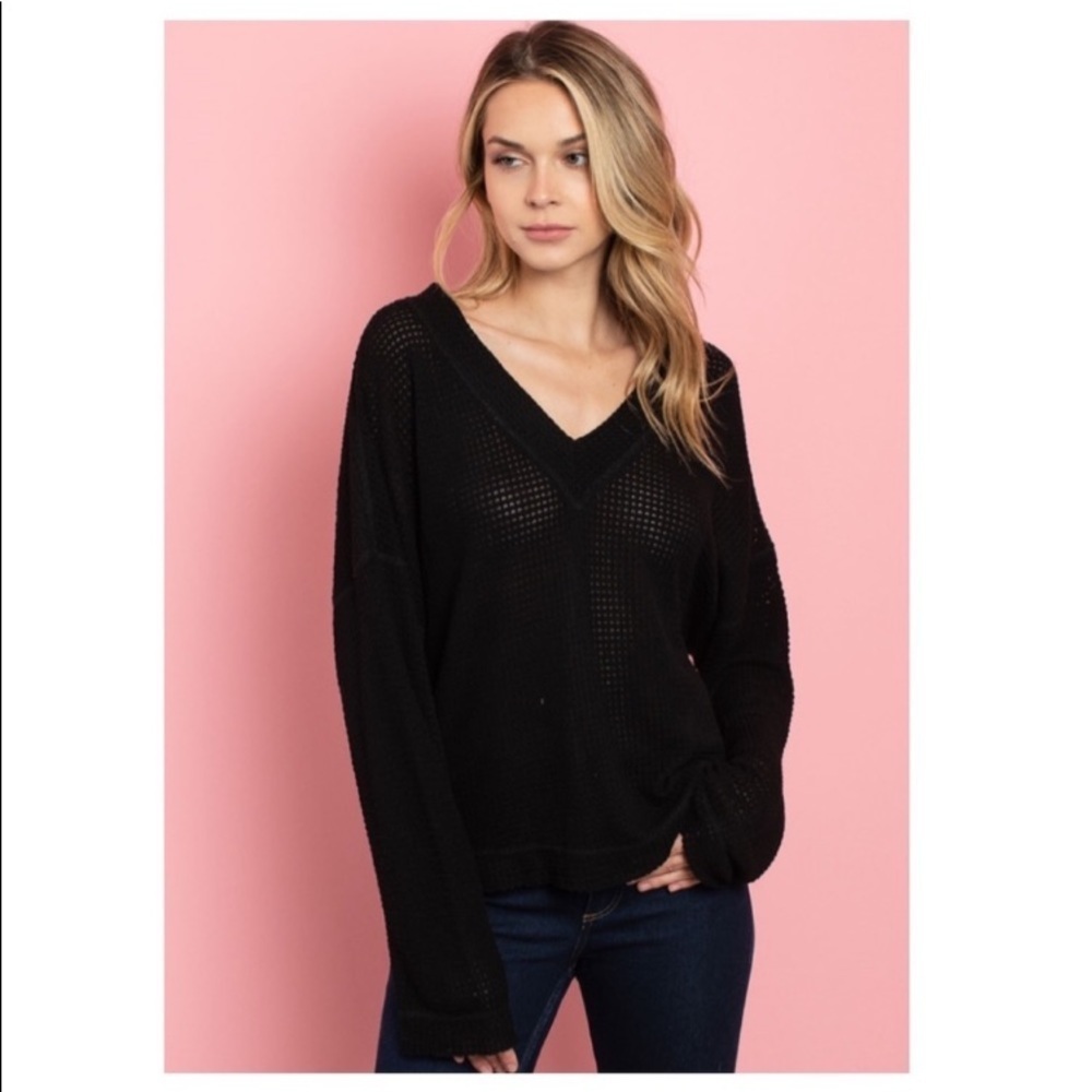 Black V Neck Top Mesh Design